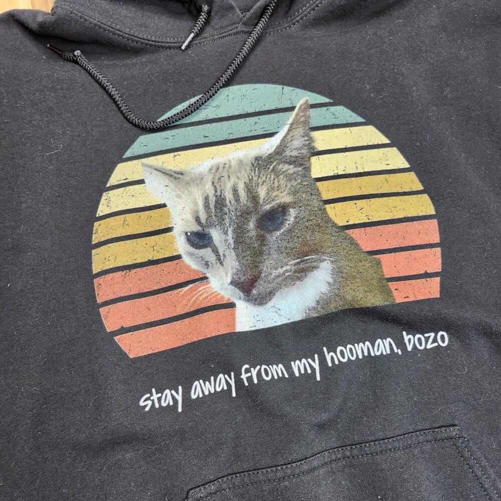 Gildan | Black Humorous Cat Hoodie Unisex Stay Away From My Hooman Bozo Size Lrg